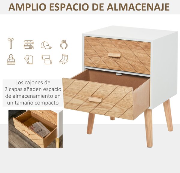 HOMCOM Noční stolek s 2 zásuvkami a zvýšenými nohami do ložnice 40x30x55,5 cm Bílý a přírodní | Aosom