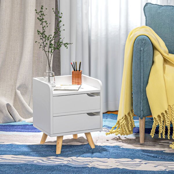 HOMCOM Víceúčelový Noční Stolek s Boční Skříňkou pro Obývací Pokoj nebo Ložnici s 2 Prostornými Zásuvkami, Borovicové Nohy, Moderní Design 33x28x42 cm