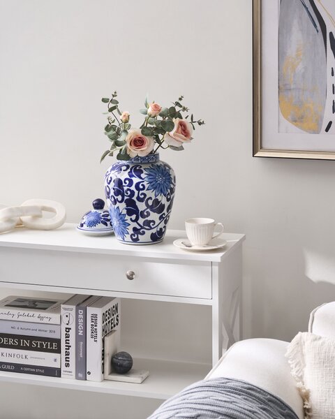 Váza s víkem CUENCA Porcelán 36 cm Bílá/Modrá