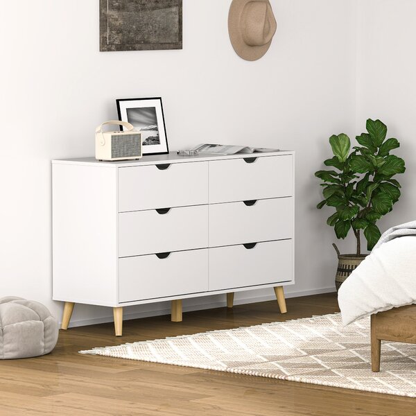 HOMCOM zásuvkový komoda s 6 zásuvkami pro kuchyň, ložnici, obývací pokoj, studium - moderní styl, systém proti převrhnutí 120x40x76 cm bílá | Aosom