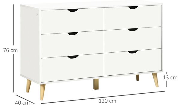 HOMCOM zásuvkový komoda s 6 zásuvkami pro kuchyň, ložnici, obývací pokoj, studium - moderní styl, systém proti převrhnutí 120x40x76 cm bílá | Aosom