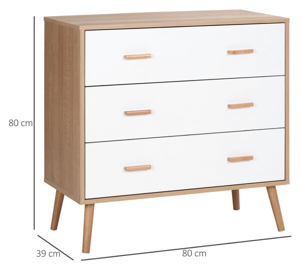 HOMCOM Dřevěná Komoda se 3 Zásuvkami, Vysoká Úložná Skříň Moderní s Vznesenými Nohami pro Ložnici a Obývací Pokoj 80x39x80 cm Bílá a Přírodní | Aosom