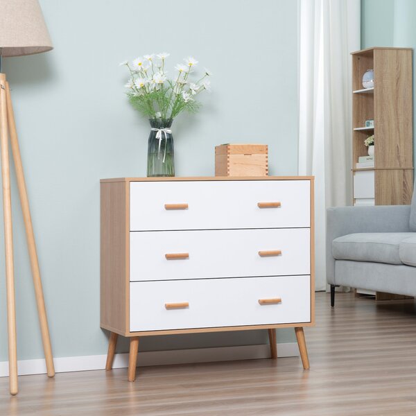 HOMCOM Dřevěná Komoda se 3 Zásuvkami, Vysoká Úložná Skříň Moderní s Vznesenými Nohami pro Ložnici a Obývací Pokoj 80x39x80 cm Bílá a Přírodní | Aosom
