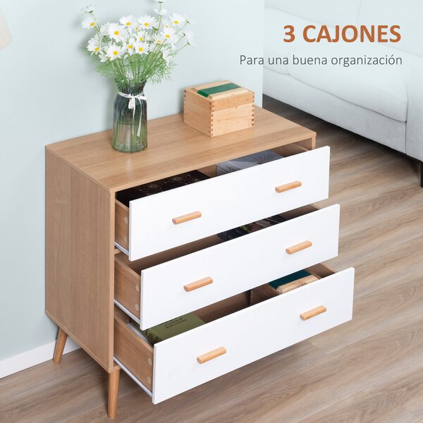 HOMCOM Dřevěná Komoda se 3 Zásuvkami, Vysoká Úložná Skříň Moderní s Vznesenými Nohami pro Ložnici a Obývací Pokoj 80x39x80 cm Bílá a Přírodní | Aosom