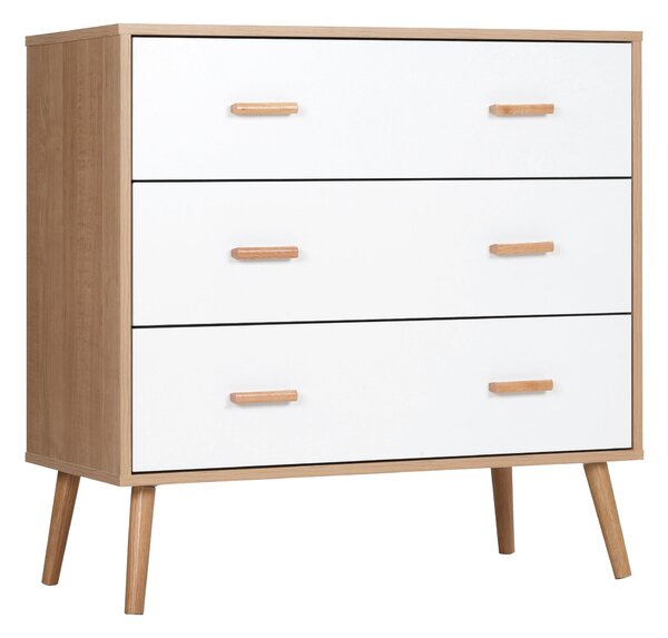 HOMCOM Dřevěná Komoda se 3 Zásuvkami, Vysoká Úložná Skříň Moderní s Vznesenými Nohami pro Ložnici a Obývací Pokoj 80x39x80 cm Bílá a Přírodní | Aosom