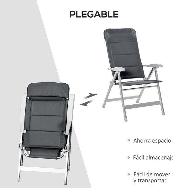 Skládací zahradní křeslo Outsunny s vysokým nastavitelným opěradlem v 7 pozicích a polstrovanou opěrkou hlavy pro venkovní terasu a kempování 75x61,5x