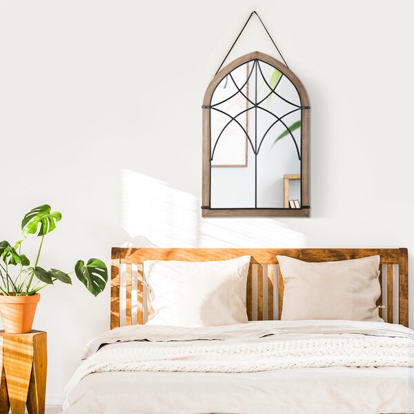 HOMCOM Dekorativní Dřevěné Zrcadlo na Zeď 93x60 cm Okenní Zrcadlo s 2 Háčky Vintage Styl pro Obývací Pokoj, Ložnici, Jídelnu a Předsíň Hnědé | Aosom
