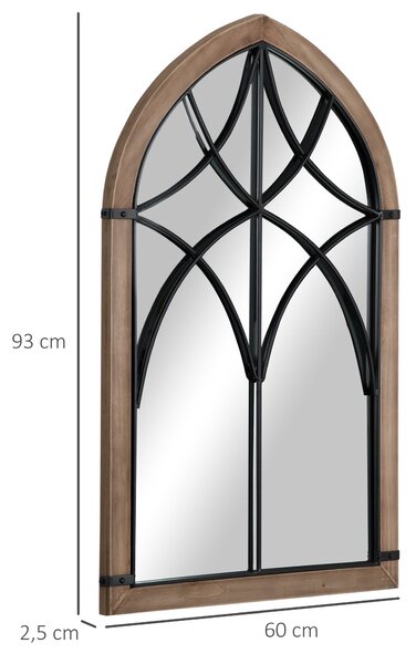 HOMCOM Dekorativní Dřevěné Zrcadlo na Zeď 93x60 cm Okenní Zrcadlo s 2 Háčky Vintage Styl pro Obývací Pokoj, Ložnici, Jídelnu a Předsíň Hnědé | Aosom