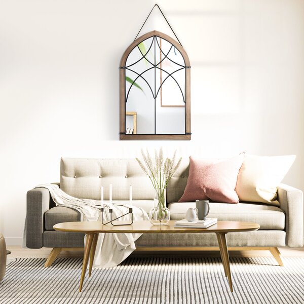 HOMCOM Dekorativní Dřevěné Zrcadlo na Zeď 93x60 cm Okenní Zrcadlo s 2 Háčky Vintage Styl pro Obývací Pokoj, Ložnici, Jídelnu a Předsíň Hnědé | Aosom