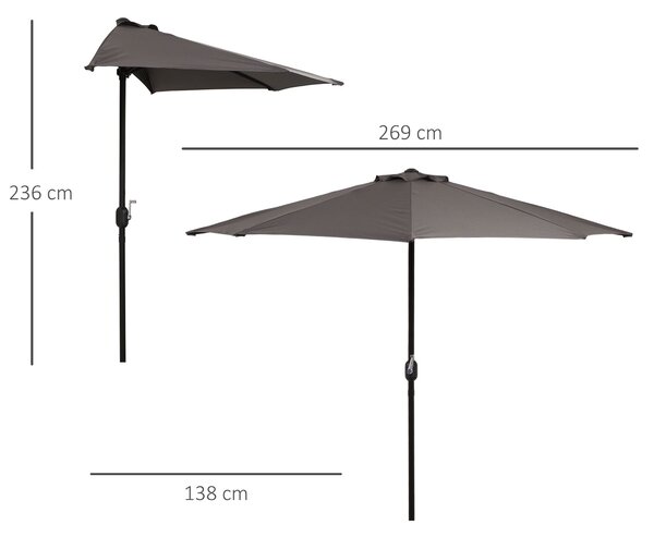 Outsunny Slunečník 270x138x236 cm se kličkou a půlkruhovým tvarem pro venkovní použití, terasa, patio, bazén Šedý | Aosom
