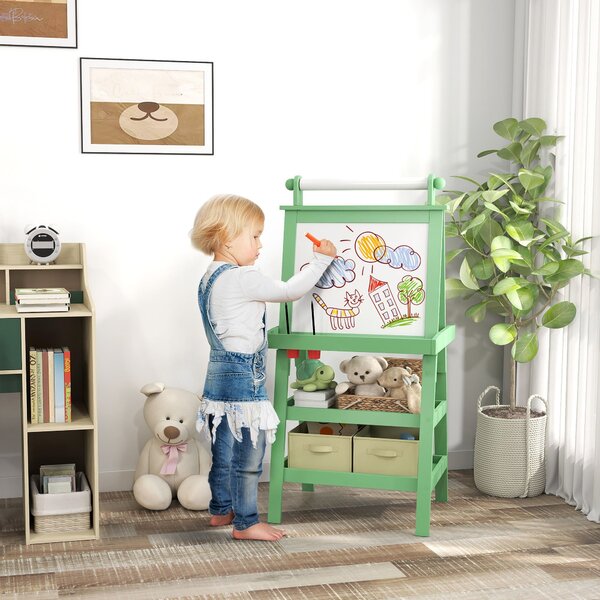 AIYPLAY Dětský easel 3v1 Magnetická oboustranná tabule s papírovým válcem a úložnými košíky 59x48x118 cm Zelená | Aosom