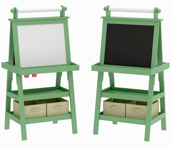 AIYPLAY Dětský easel 3v1 Magnetická oboustranná tabule s papírovým válcem a úložnými košíky 59x48x118 cm Zelená | Aosom