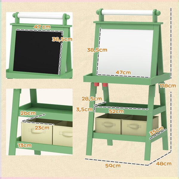 AIYPLAY Dětský easel 3v1 Magnetická oboustranná tabule s papírovým válcem a úložnými košíky 59x48x118 cm Zelená | Aosom