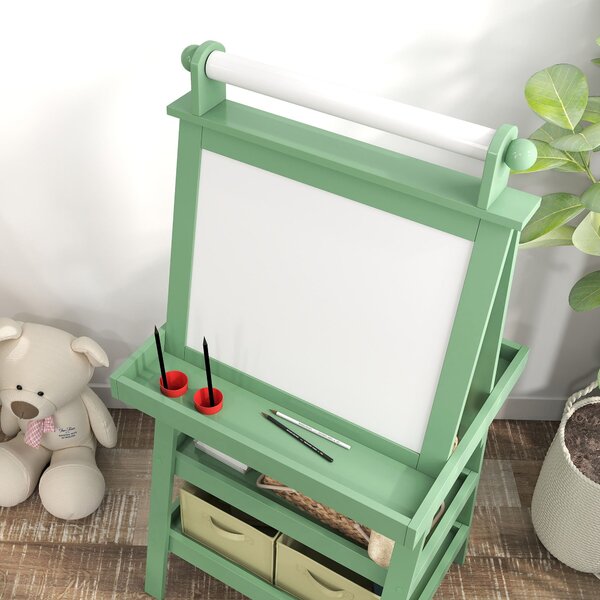 AIYPLAY Dětský easel 3v1 Magnetická oboustranná tabule s papírovým válcem a úložnými košíky 59x48x118 cm Zelená | Aosom