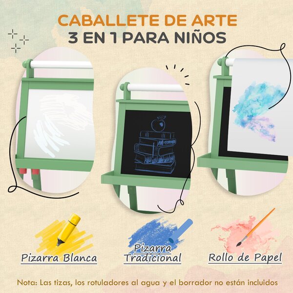 AIYPLAY Dětský easel 3v1 Magnetická oboustranná tabule s papírovým válcem a úložnými košíky 59x48x118 cm Zelená | Aosom