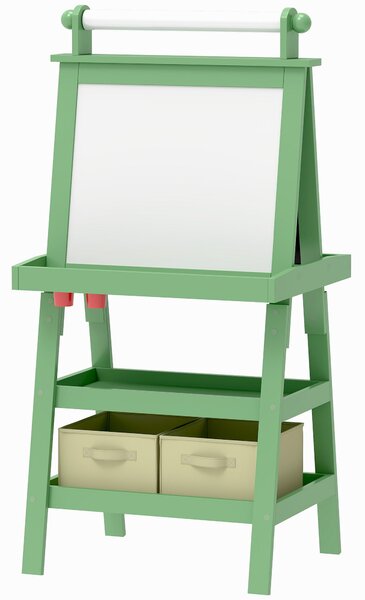AIYPLAY Dětský easel 3v1 Magnetická oboustranná tabule s papírovým válcem a úložnými košíky 59x48x118 cm Zelená | Aosom