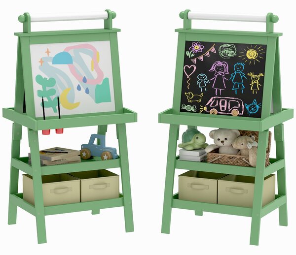 AIYPLAY Dětský easel 3v1 Magnetická oboustranná tabule s papírovým válcem a úložnými košíky 59x48x118 cm Zelená | Aosom