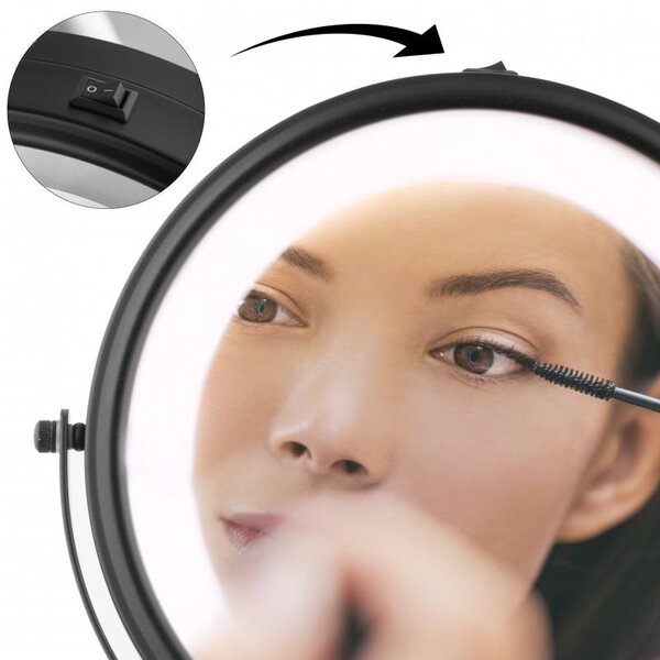 Erga Eda, LED osvětlené kosmetické zrcadlo na make-up ø20 cm, černá matná, ERG-YKA-CH.EDA-BLK