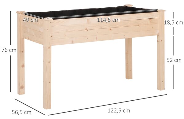 Outsunny Vyvýšená Městská Zahrada z Přirozeného Dřeva 122,5x56,5x76 cm - Vyvýšený Zahradní Stůl s Netkanou Textilií a 4 Odtokovými Otvory pro Rostliny