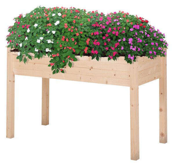 Outsunny Vyvýšená Městská Zahrada z Přirozeného Dřeva 122,5x56,5x76 cm - Vyvýšený Zahradní Stůl s Netkanou Textilií a 4 Odtokovými Otvory pro Rostliny