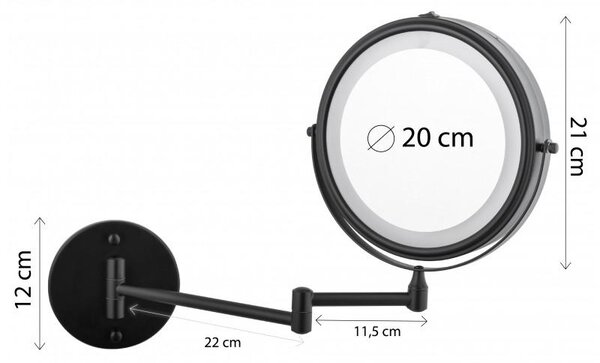 Erga Eda, LED osvětlené kosmetické zrcadlo na make-up ø20 cm, černá matná, ERG-YKA-CH.EDA-BLK