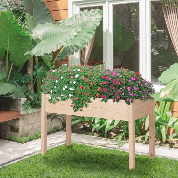 Outsunny Vyvýšená Městská Zahrada z Přirozeného Dřeva 122,5x56,5x76 cm - Vyvýšený Zahradní Stůl s Netkanou Textilií a 4 Odtokovými Otvory pro Rostliny