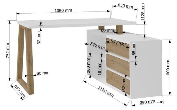 ADRK Rohový PC stůl IWO II W-ART, bílá/dub artisan
