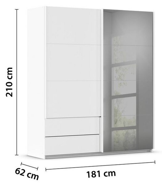 Skříň s posuvnými dveřmi ELARA bílá/šedé sklo, š. 181 cm