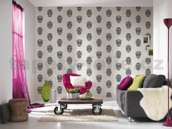 Vliesové tapety na zeď Boys & Girls 35817-1, lebky šedo-černé na bílém podkladu, rozměr 10,05 m x 0,53 m, A.S.Création