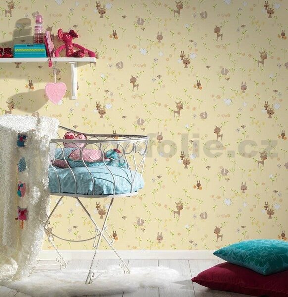 Papírové tapety na zeď Boys & Girls 36988-2, lesní zvířátka na žlutém podkladu, rozměr 10,05 m x 0,53 m, A.S.Création