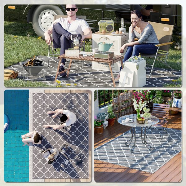 Outsunny Zahradní Koberce 182x274 cm Reverzibilní Koberec se Geometrickým Vzorem Voděodolný pro Terasu, Balkon, Patio, Kempování a Pláž Šedý a Bílý |