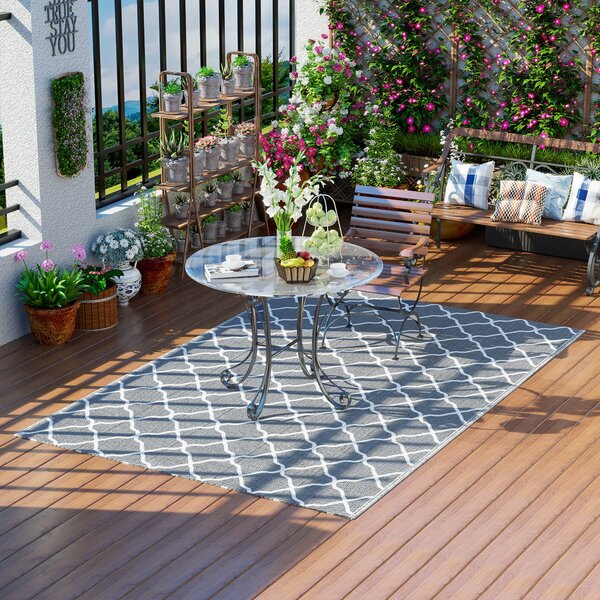 Outsunny Zahradní Koberce 182x274 cm Reverzibilní Koberec se Geometrickým Vzorem Voděodolný pro Terasu, Balkon, Patio, Kempování a Pláž Šedý a Bílý |