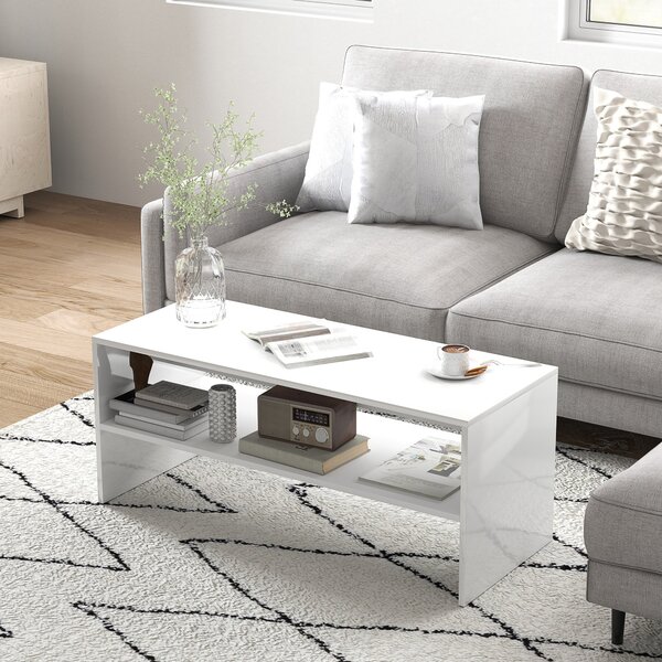 HOMCOM Konferenční stolek Boční stolek s otevřeným úložným prostorem 100x40x41,5 cm Lesklá bílá | Aosom