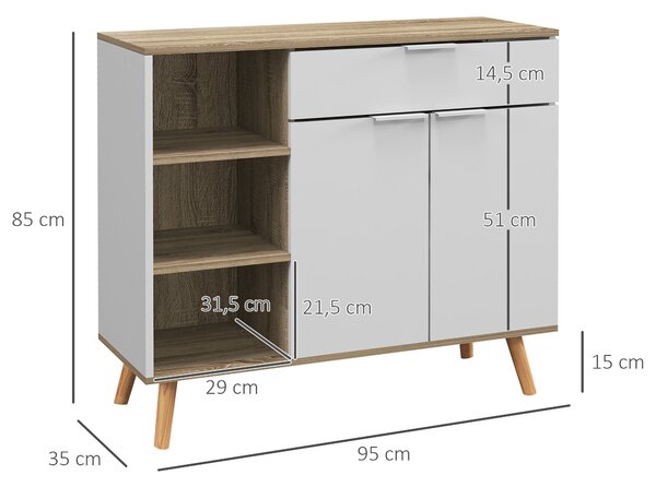 HOMCOM Moderní obývací pokoj komoda s kuchyňskou komodou, 1 zásuvka, 2 tichá dvířka a nastavitelné police do jídelny, chodby a ložnice 95x35x85 cm Bíl