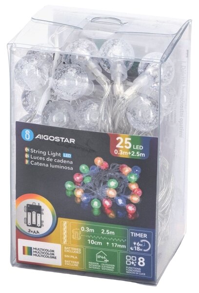Aigostar - LED Venkovní vánoční řetěz 25xLED/8 funkcí 3xAA 2,8m IP44 multicolor