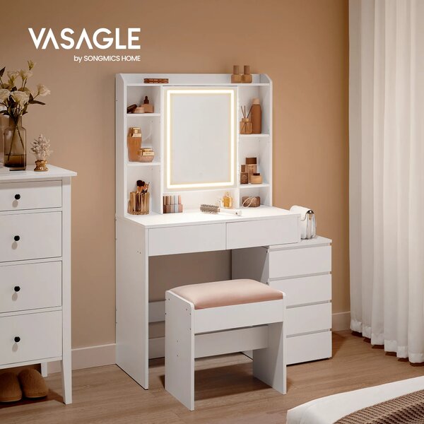 SONGMICS Toaletní stolek s LED osvětlením a taburetem Vasagle Ginny 98 cm bílý