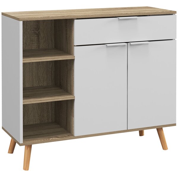HOMCOM Moderní obývací pokoj komoda s kuchyňskou komodou, 1 zásuvka, 2 tichá dvířka a nastavitelné police do jídelny, chodby a ložnice 95x35x85 cm Bíl