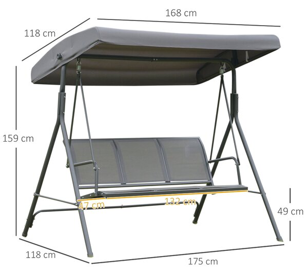 Zahradní houpací lavice Outsunny pro 3 osoby s nastavitelnou slunečník a prodyšným opěradlem, ocelová konstrukce pro venkovní terasu nebo balkon 175x1