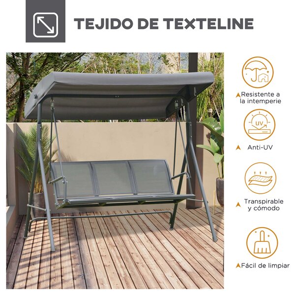 Zahradní houpací lavice Outsunny pro 3 osoby s nastavitelnou slunečník a prodyšným opěradlem, ocelová konstrukce pro venkovní terasu nebo balkon 175x1