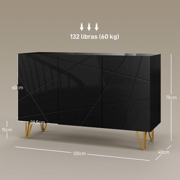 HOMCOM Kancelářský stolek do obývacího pokoje, záznamový stolek s 3 dveřmi a nastavitelnými policemi pro kuchyň 120x40x75 cm černý lesklý | Aosom