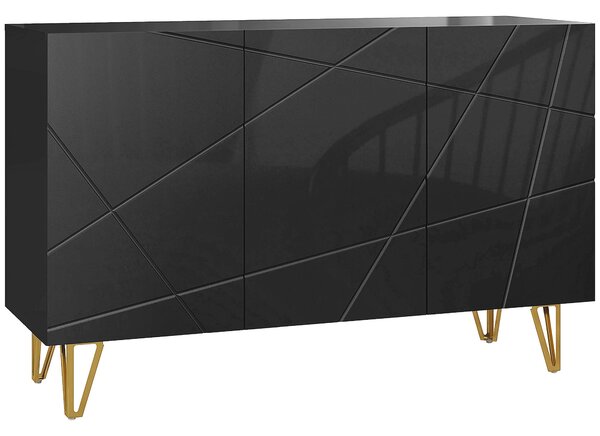 HOMCOM Kancelářský stolek do obývacího pokoje, záznamový stolek s 3 dveřmi a nastavitelnými policemi pro kuchyň 120x40x75 cm černý lesklý | Aosom