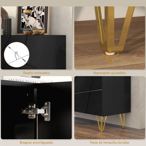 HOMCOM Kancelářský stolek do obývacího pokoje, záznamový stolek s 3 dveřmi a nastavitelnými policemi pro kuchyň 120x40x75 cm černý lesklý | Aosom