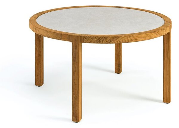 Ethimo Konferenční stolek Grand Life, Ethimo, kulatý 77x45 cm, rám teakové dřevo, deska keramika dekor Ice White