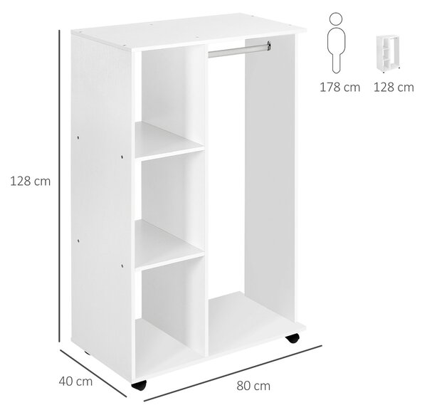 HOMCOM Skříň na oblečení na kolečkách s otevřenými policemi organizér na zavěšení oblečení v ložnici 80x40x128cm Bílá | Aosom