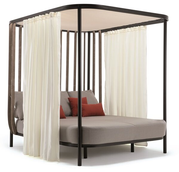 Ethimo Denní postel se záclonami Swing, Ethimo, 240x182x207 cm, rám lakovaný hliník barva Warmwhite, mořené teakové dřevo, záclony barva White Stone, bez matrace