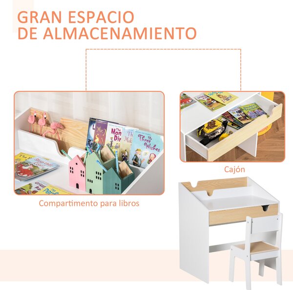 Dětský stůl s židlí HOMCOM pro děti ve věku 3-6 let, 2 v 1, set 2 kusů se šuplíkem a knihovnou 70x50x75 cm, bílá a přírodní | Aosom