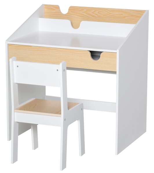 Dětský stůl s židlí HOMCOM pro děti ve věku 3-6 let, 2 v 1, set 2 kusů se šuplíkem a knihovnou 70x50x75 cm, bílá a přírodní | Aosom