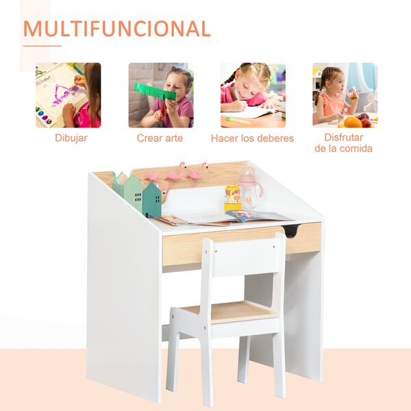 Dětský stůl s židlí HOMCOM pro děti ve věku 3-6 let, 2 v 1, set 2 kusů se šuplíkem a knihovnou 70x50x75 cm, bílá a přírodní | Aosom