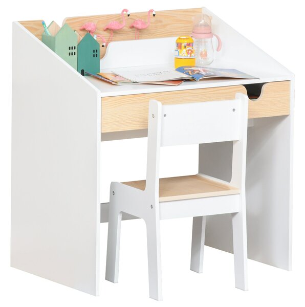 Dětský stůl s židlí HOMCOM pro děti ve věku 3-6 let, 2 v 1, set 2 kusů se šuplíkem a knihovnou 70x50x75 cm, bílá a přírodní | Aosom