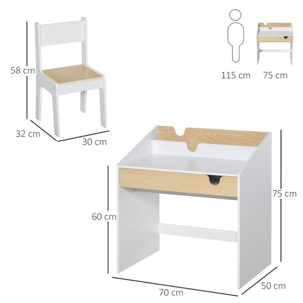 Dětský stůl s židlí HOMCOM pro děti ve věku 3-6 let, 2 v 1, set 2 kusů se šuplíkem a knihovnou 70x50x75 cm, bílá a přírodní | Aosom